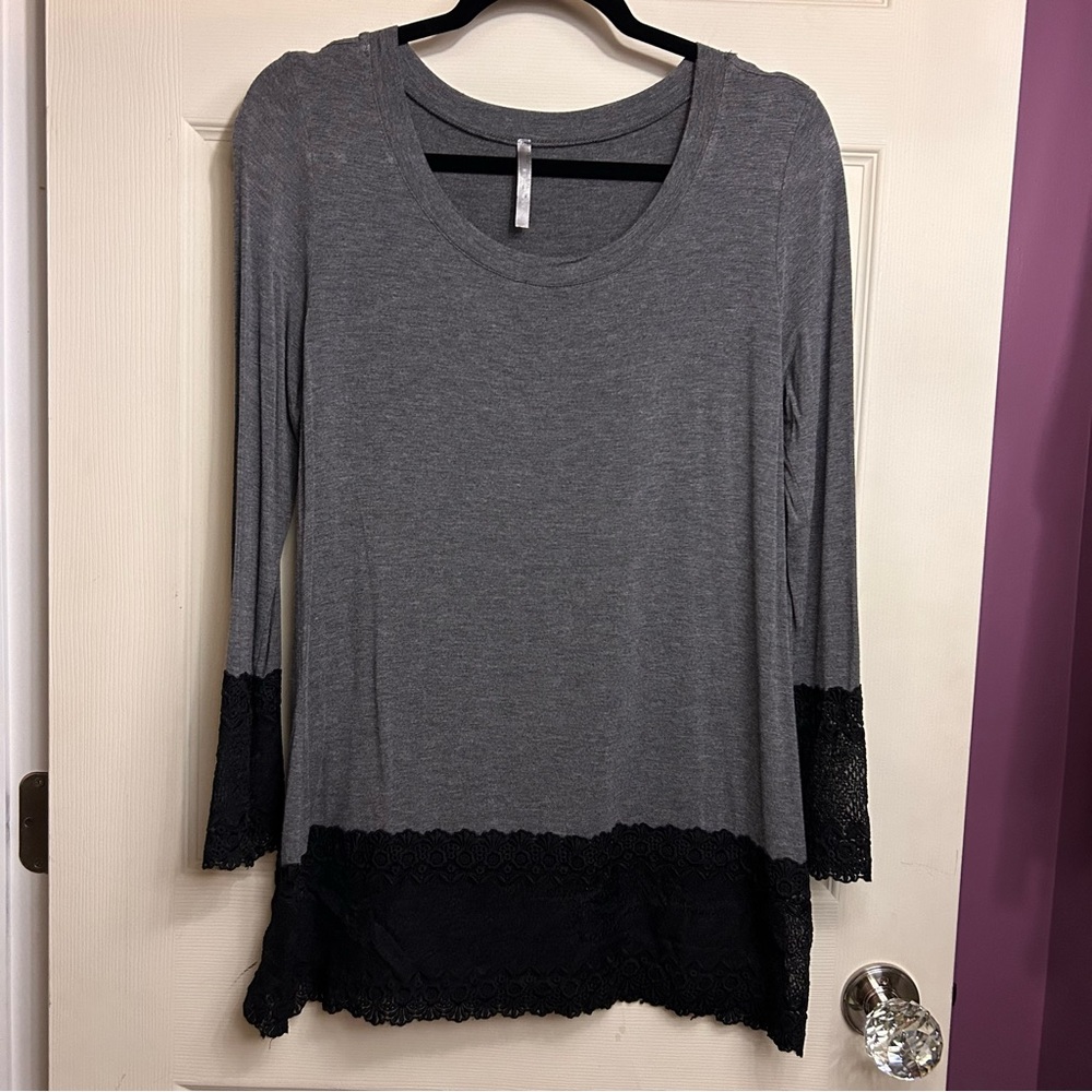 Lace Trimmed Gray Tunic Length Top